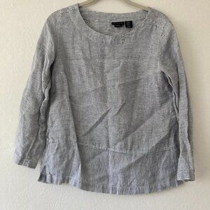 Tahari 100% Linen Striped 3/4 Sleeve Top White Blue Lagenlook Nautical Preppy XS